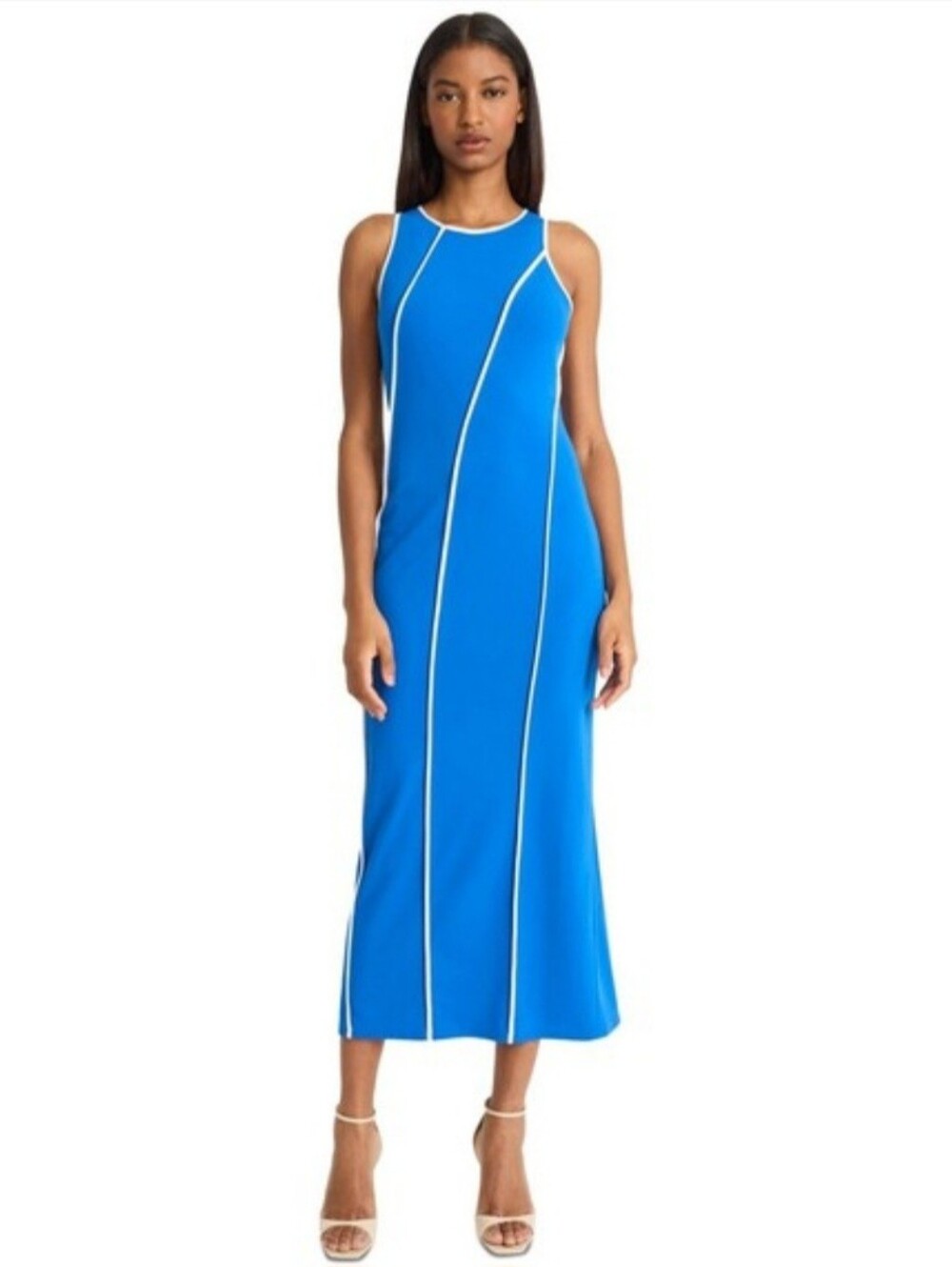 Donna Morgan Sleeveless Blue Maxi Dress with Contrast Piping 10